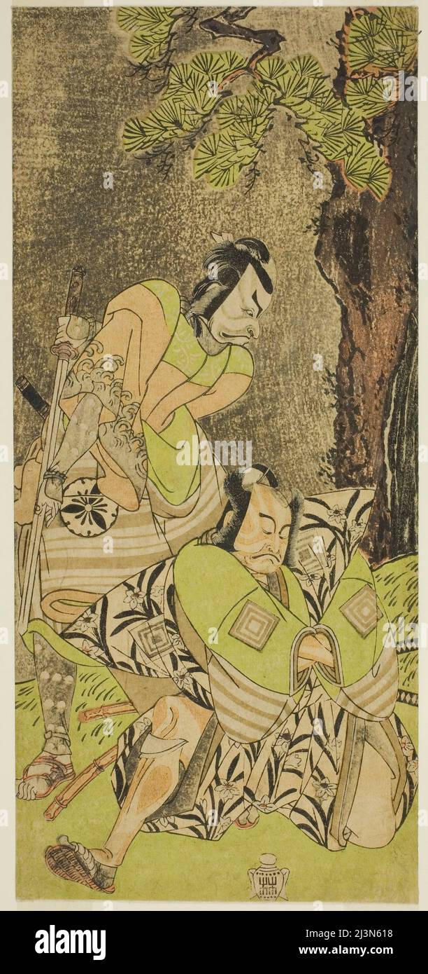 Gli attori Ichikawa Danzo III come i no Hayata Tadazumi (a destra), e Matsumoto Koshiro II come Osada no Taro Kagemune (a sinistra), nella Play Nue no Mori Ichiyo no Mato, hanno suonato al Teatro Nakamura nell'undicesimo mese del 1770, Giappone, c.. 1770. Foto Stock