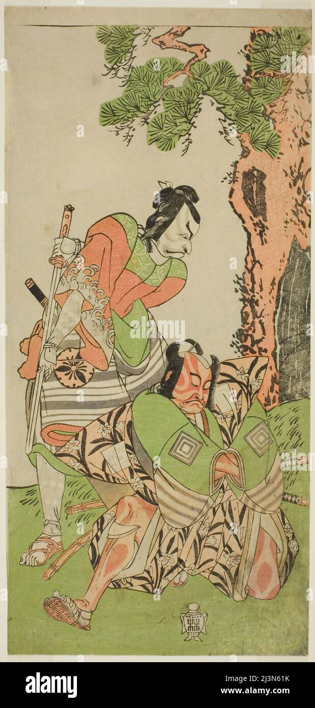 Gli attori Ichikawa Danzo III come io no Hayata Tadazumi (a destra), e Matsumoto Koshiro II come Osada no Taro Kagemune travestiti come Yatsurugi Zaemon (a sinistra), nella Play Nue no Mori Ichiyo no Mato, hanno suonato al Teatro Nakamura nell'undicesimo mese, 1770, Giappone, c. 1770. Foto Stock