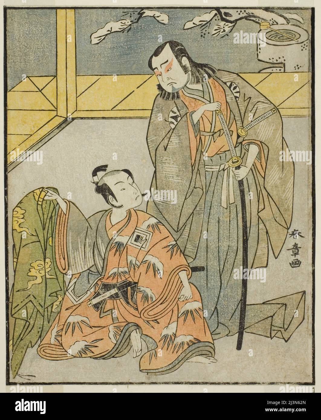 Gli attori Nakamura Denkuro II come Suma no Dairyo (a destra), e Ichikawa Komazo II come Ariwara no Yukihira (a sinistra), nella Play Kuni no Hana Ono Itsumoji, hanno suonato al Teatro Nakamura nell'undicesimo mese, 1771, Giappone, c.. 1772. Foto Stock