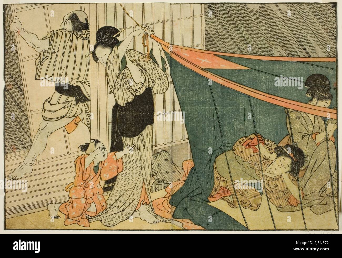 Women Inside a Mosquito Net during a Thunderstorm, dal libro illustrato "Picture Book: Flowers of the Four Seasons (Ehon shiki no hana)," vol. 1, Japan, New Year, 1801. Foto Stock