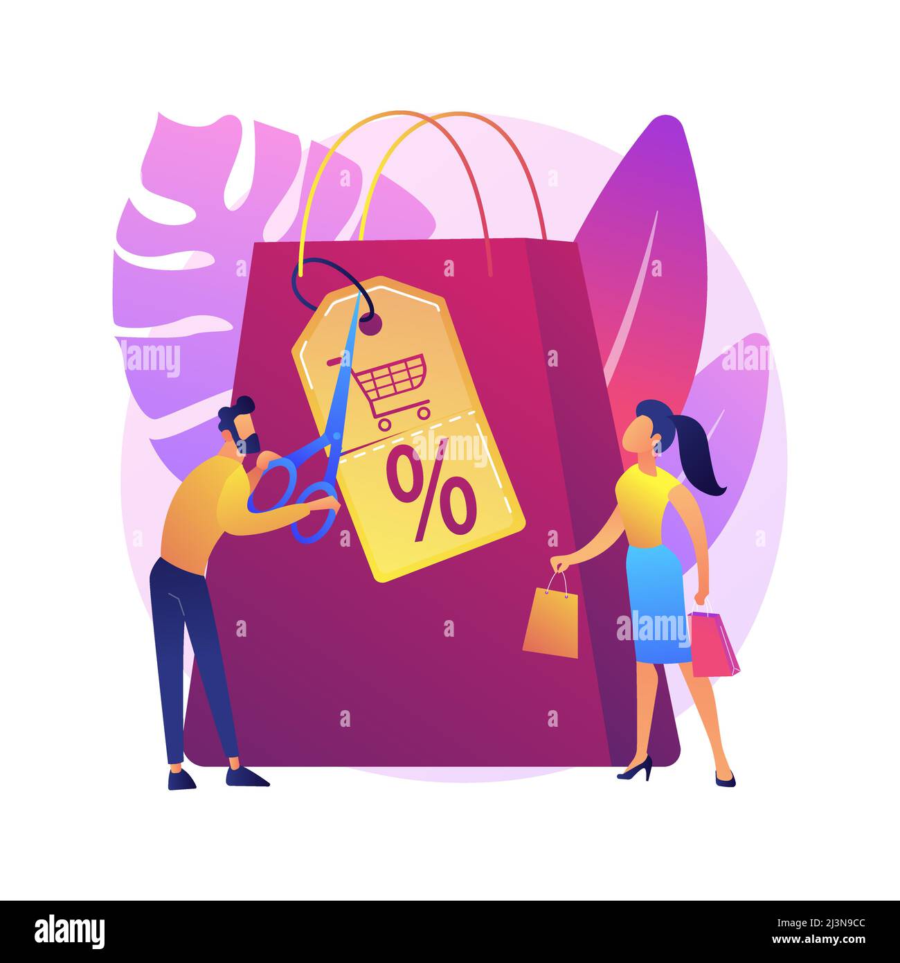 Sconti e indennità di shopping icona del web cartoon. Riduzione dei prezzi di vendita, vendite al dettaglio, marketing creativo. Offerta speciale, idea di attrazione per i clienti Illustrazione Vettoriale