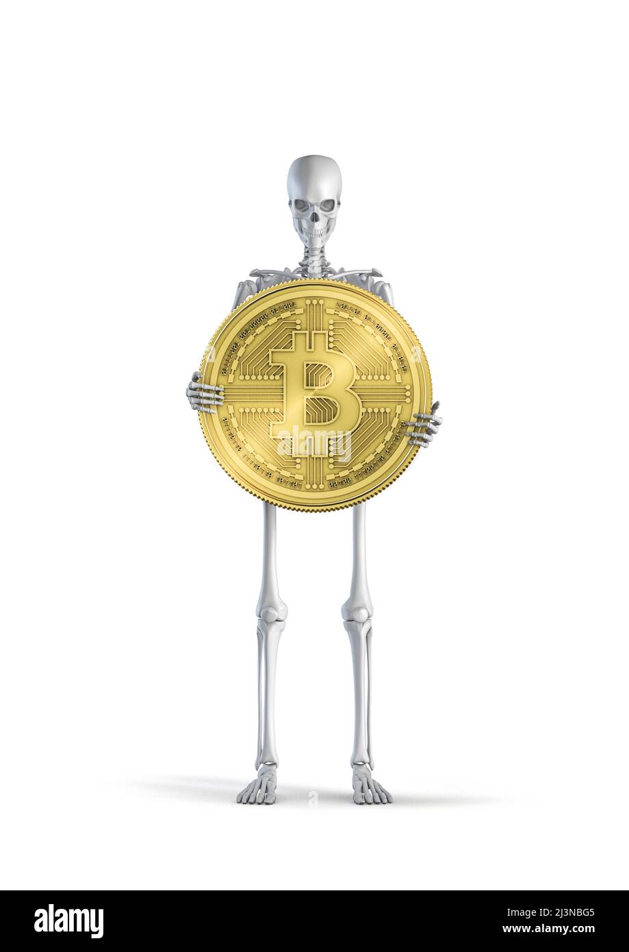 Scheletro con bitcoin - 3D illustrazione di figura scheletro umano maschile che tiene grande moneta di criptovaluta oro isolato su sfondo bianco studio Foto Stock