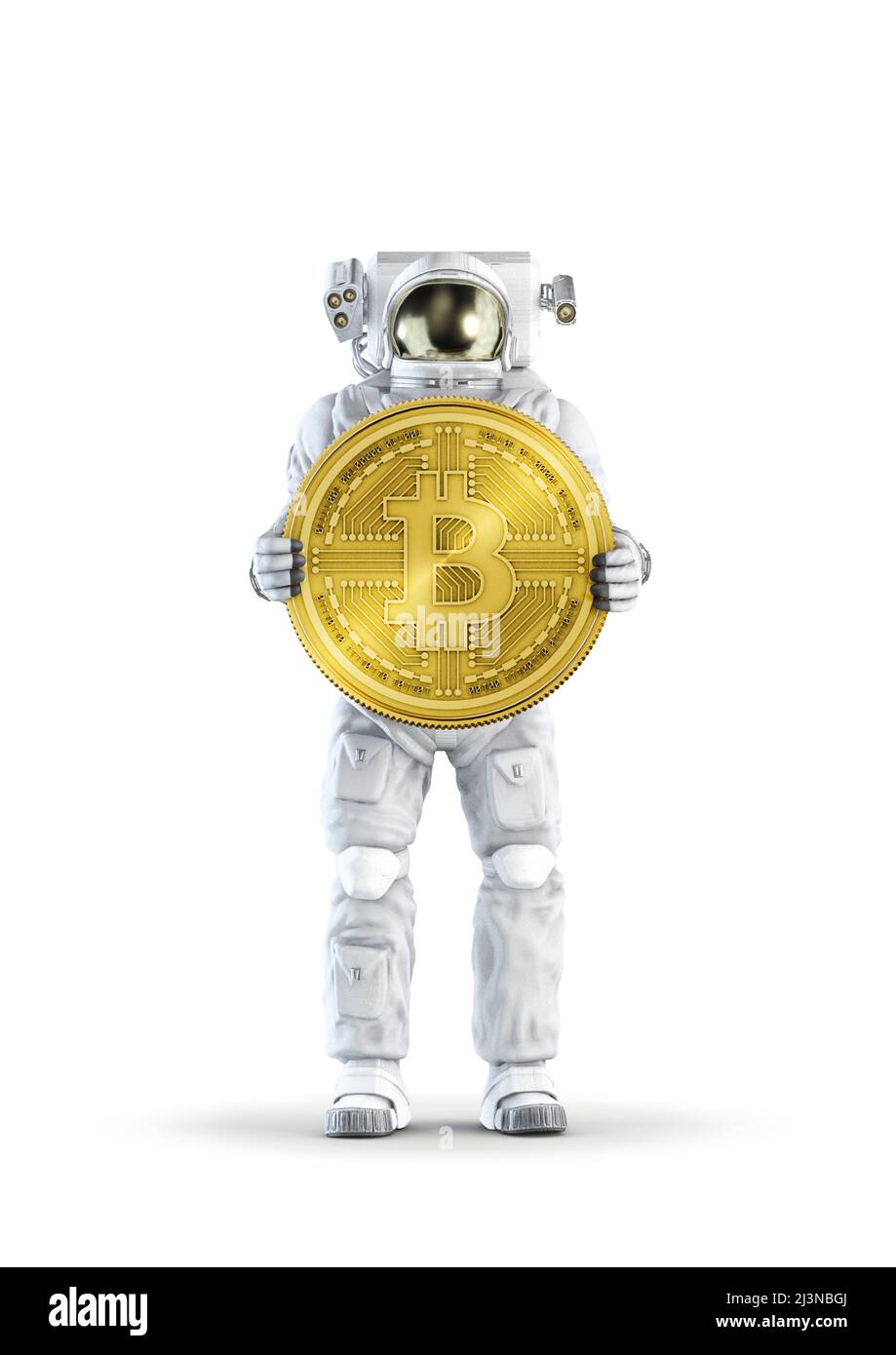 Astronauta con bitcoin - 3D illustrazione dello spazio vestito indossare figura maschile che tiene grande moneta di criptovaluta oro isolato su sfondo bianco studio Foto Stock