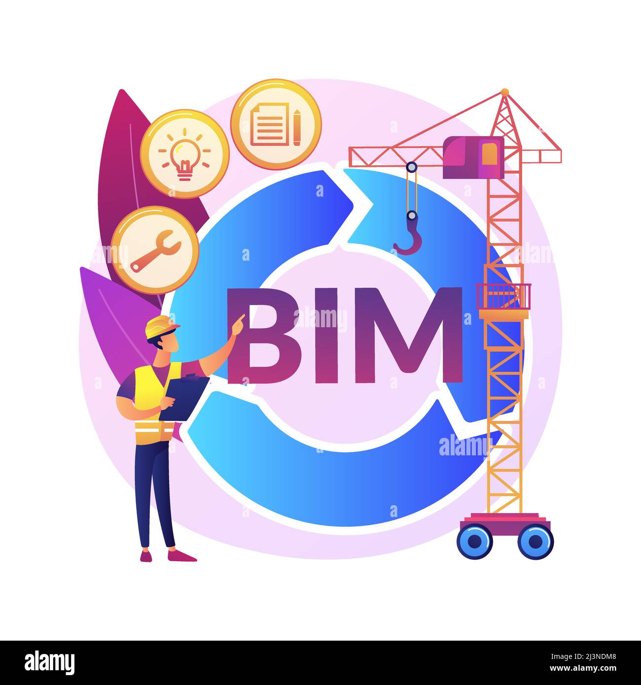 Illustrazione vettoriale del concetto astratto di modellazione delle informazioni di costruzione. Costruzione collaborativa, gestione dei progetti di costruzione, processi basati su modelli 3D Illustrazione Vettoriale