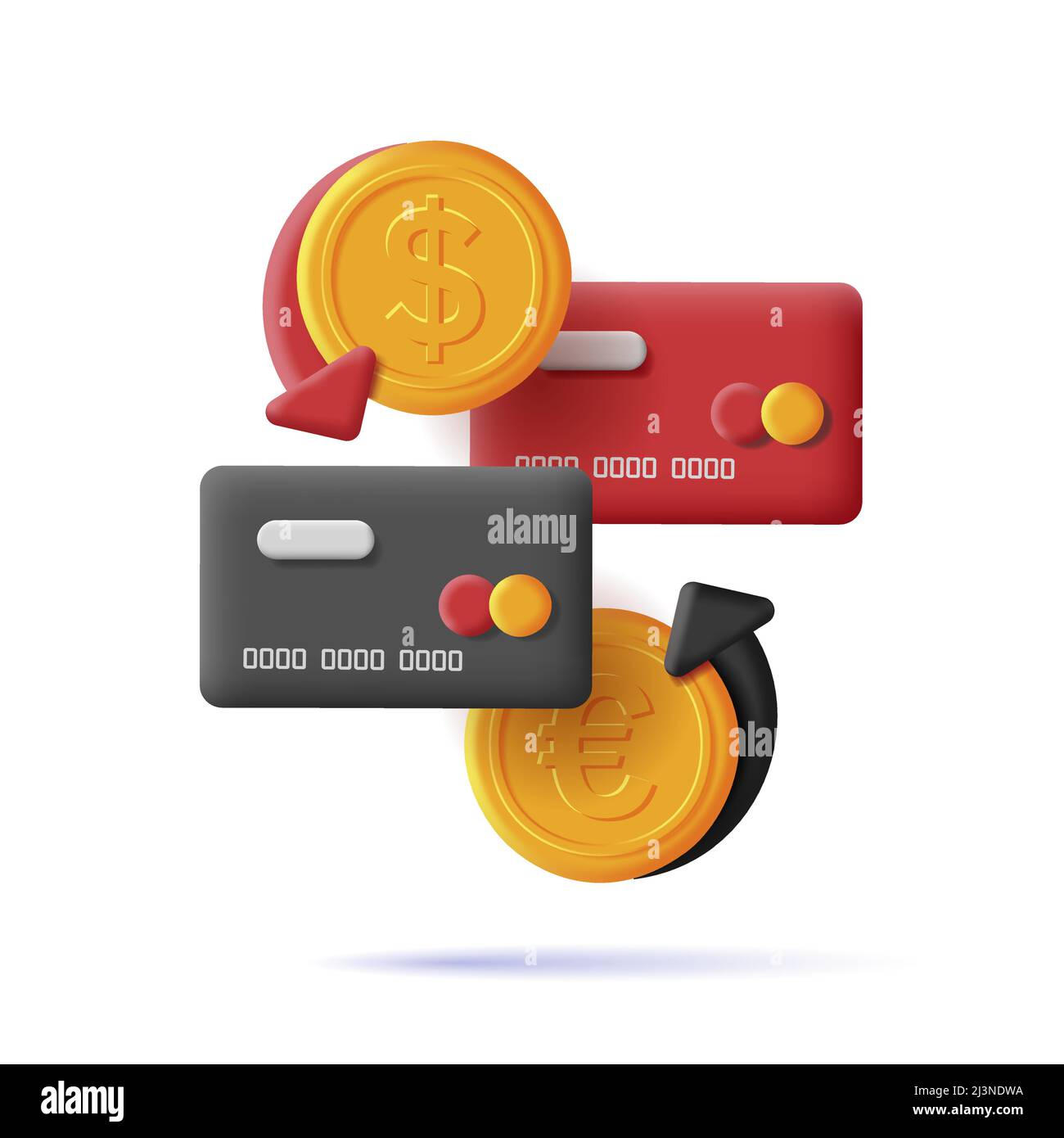 3d icona digitale di carte di credito con monete d'oro di euro e dollaro con frecce per lo scambio. Illustrazione vettoriale, isolata Illustrazione Vettoriale