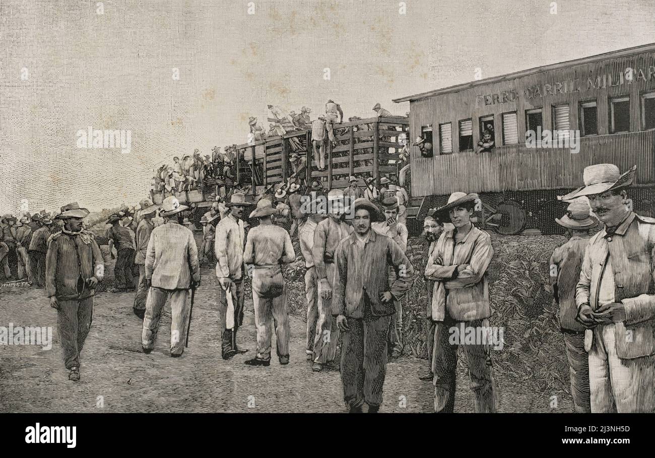 Guerra d'indipendenza cubana (1895-1898). Isola di Cuba. Treno militare che guida le truppe. Incisione. La Ilustración Española y americana, 1898. Foto Stock