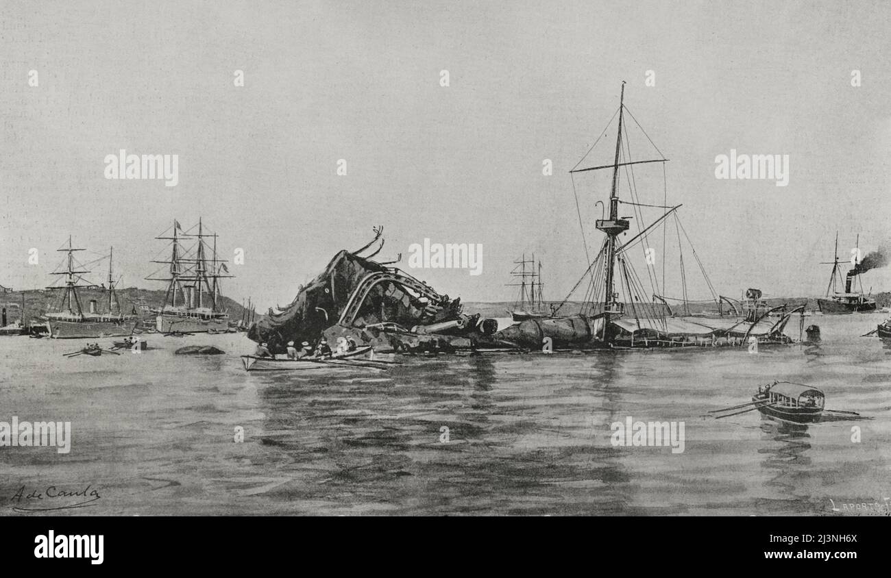 La corazzata americana 'mine' dopo l'esplosione che si è svolta il 15 febbraio 1898 nel porto di l'Avana. L'evento, avvenuto durante la guerra cubana di indipendenza, servì come pretesto per gli Stati Uniti per dichiarare guerra alla Spagna. Illustrazione di A. de Caula. Fotoincisione di Laporta. La Ilustración Española y americana, 1898. Foto Stock