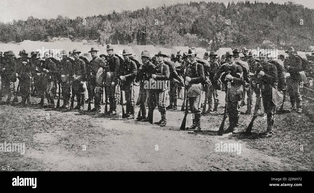 Guerra spagnolo-americana. Guerra tra Spagna e Stati Uniti nel 1898, a seguito dell'intervento degli Stati Uniti nella guerra d'indipendenza cubana. Isola di Cuba. Le truppe americane di fanteria sbarcarono a Cuba. Fotoincisione. La Ilustración Española y americana, 1898. Foto Stock