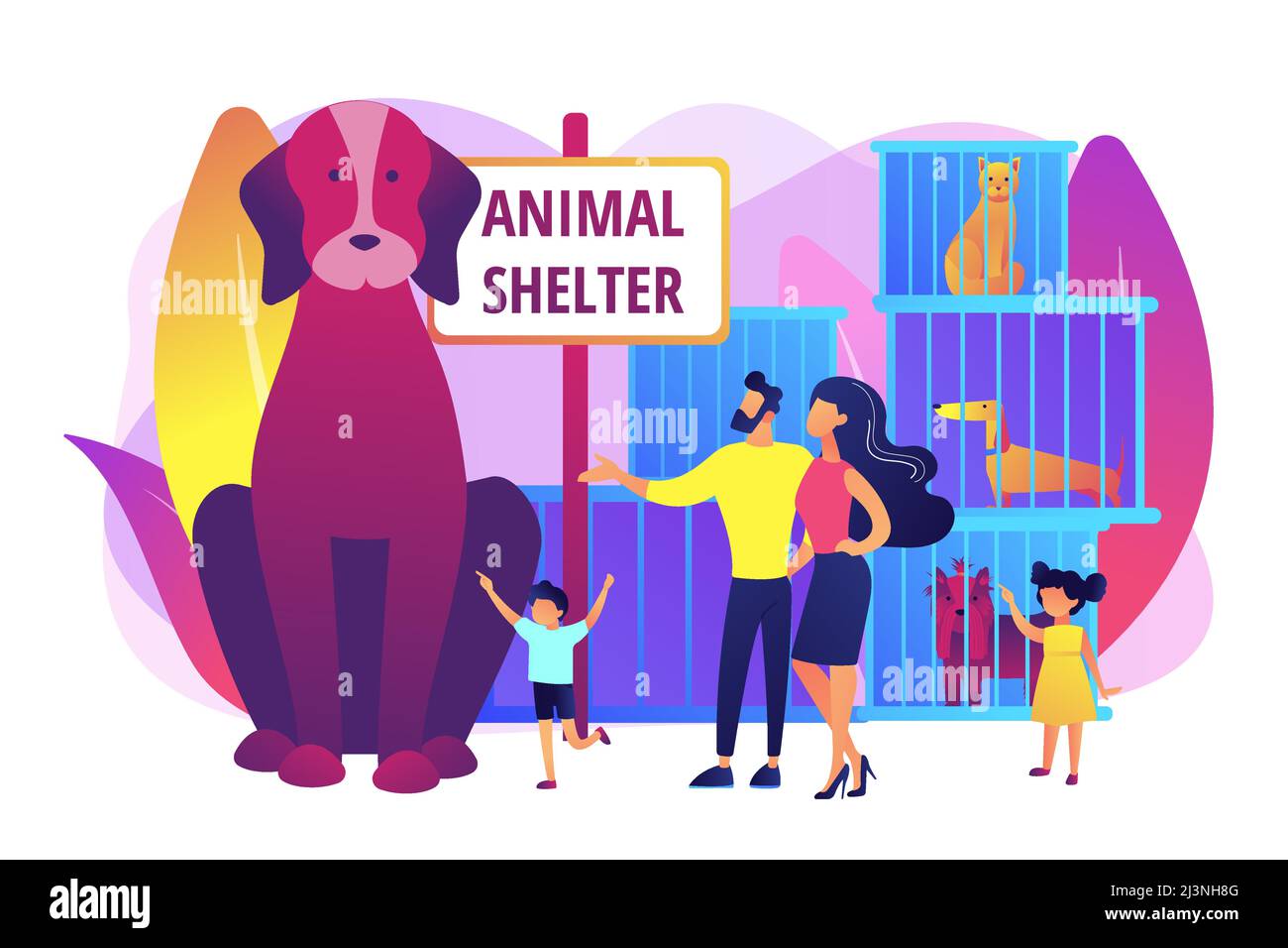 Famiglia in rifugio scegliendo cucciolo. Cani senza tetto in gabbie. Rifugio animale, salvataggi per l'adozione di animali domestici, vengono a scegliere un concetto amico. Viol luminoso e vivace Illustrazione Vettoriale