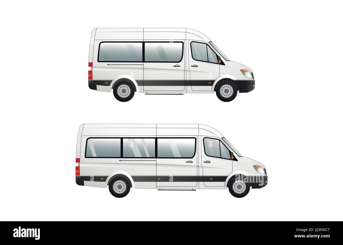 Un insieme di immagini di varianti di minibus passeggeri con una base estesa e accorciata. Trasporto urbano. Illustrazione vettoriale piatta. Illustrazione Vettoriale