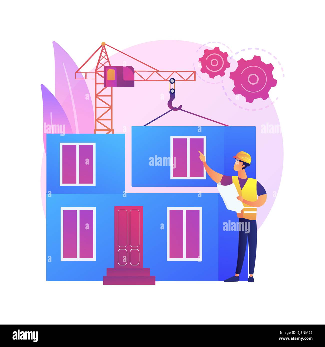 Illustrazione vettoriale del concetto astratto domestico modulare. Costruzione modulare, costruzione permanente di fondazione, trasporto di componenti domestici prefabbricati, Illustrazione Vettoriale