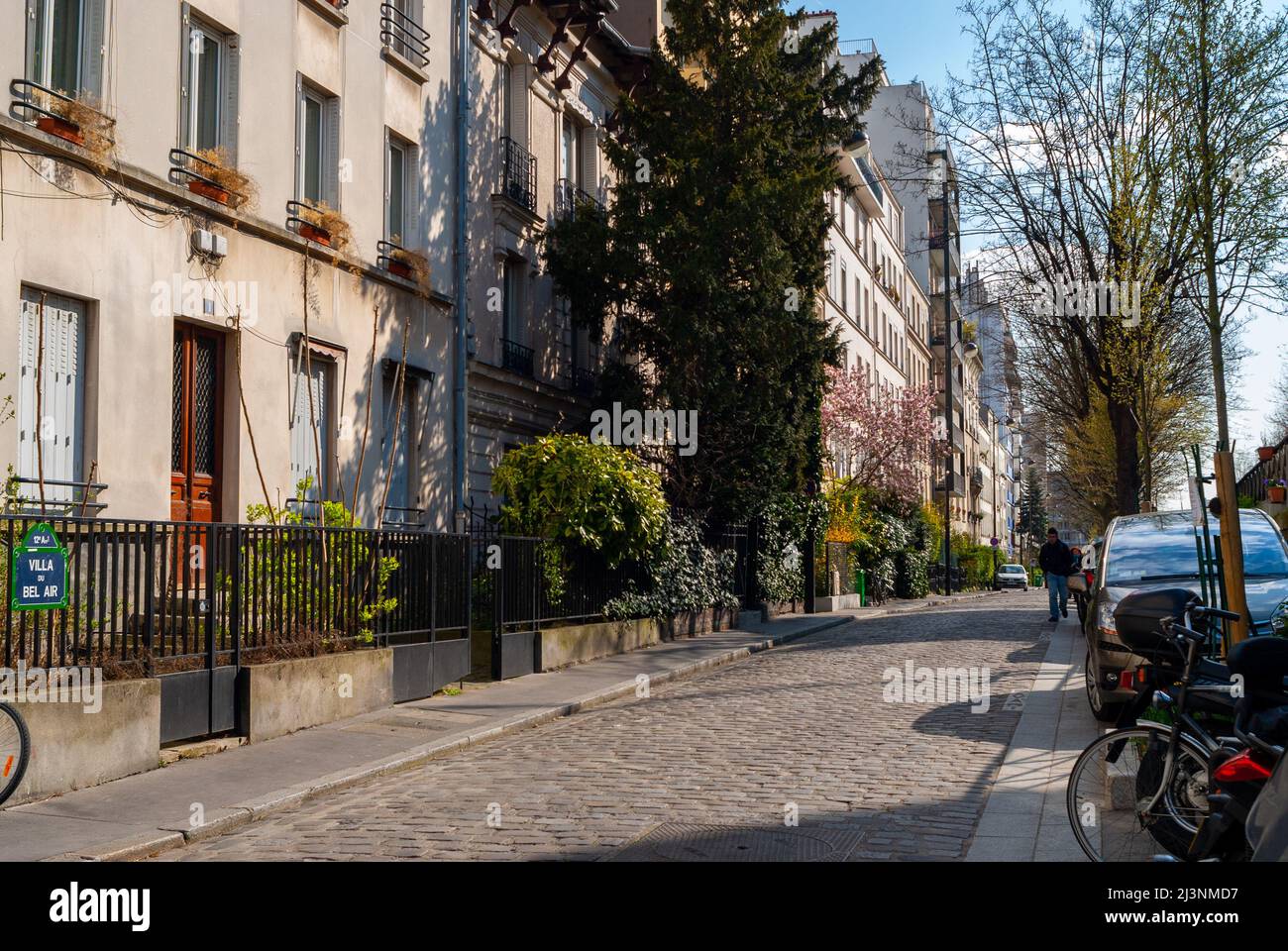 Parigi, Francia, Street Scene, strada acciottolata in pietra zona del 12th distretto, Villa du Bel Air Foto Stock