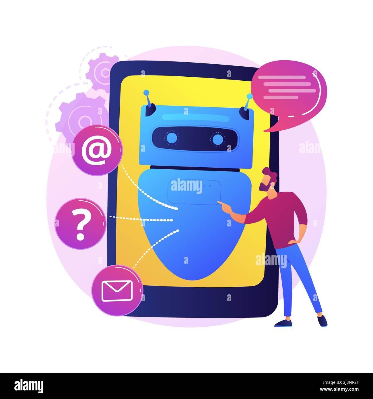 Illustrazione vettoriale del concetto astratto di intelligenza artificiale di chatbot. Intelligenza artificiale, servizio chatbot, supporto interattivo, apprendimento automatico, Illustrazione Vettoriale