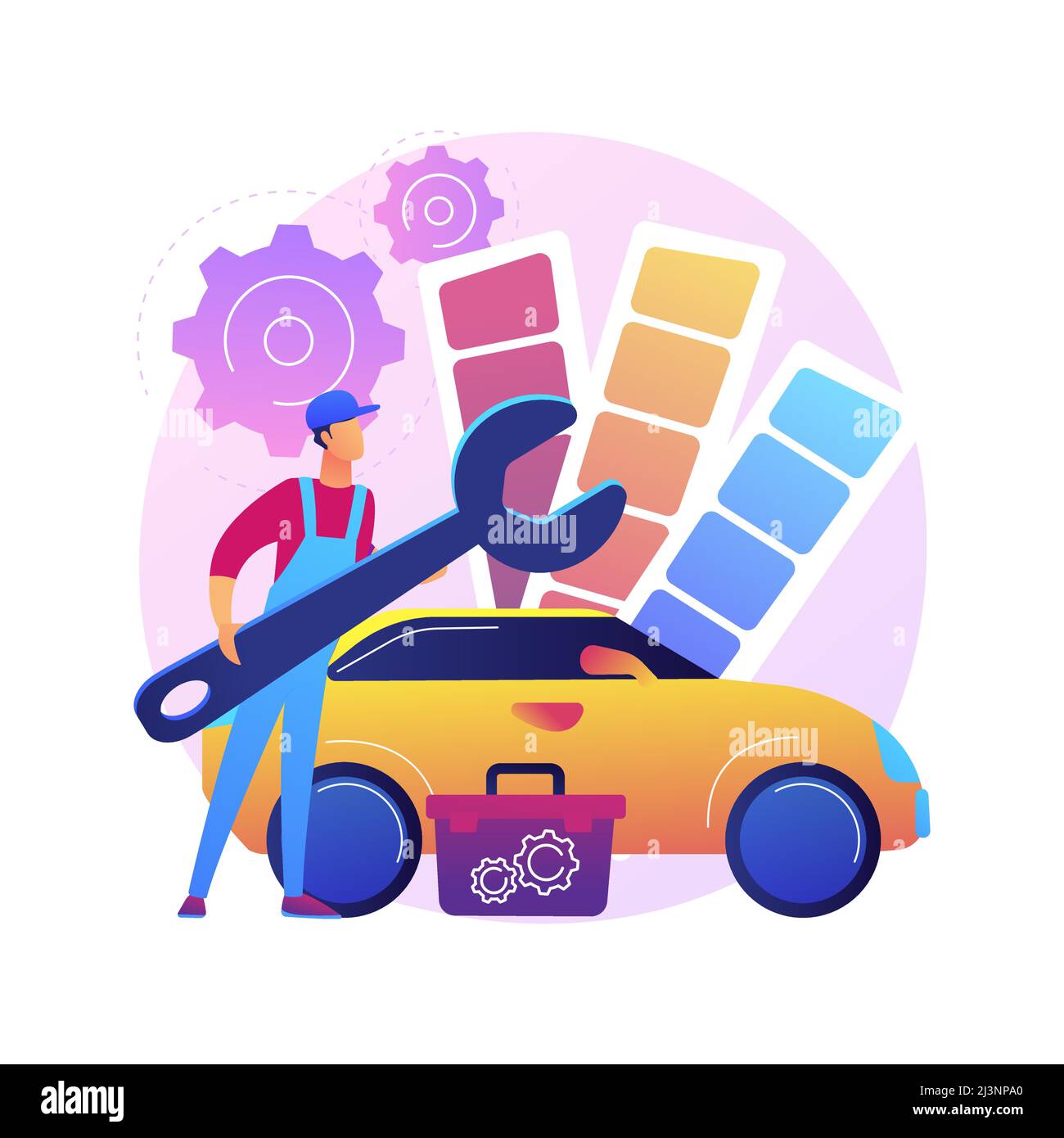 Illustrazione vettoriale del concetto astratto di sintonizzazione dell'auto. Auto da corsa turbo tuning, carrozzeria auto, aggiornamento musica veicolo, stile e design auto, sport c Illustrazione Vettoriale