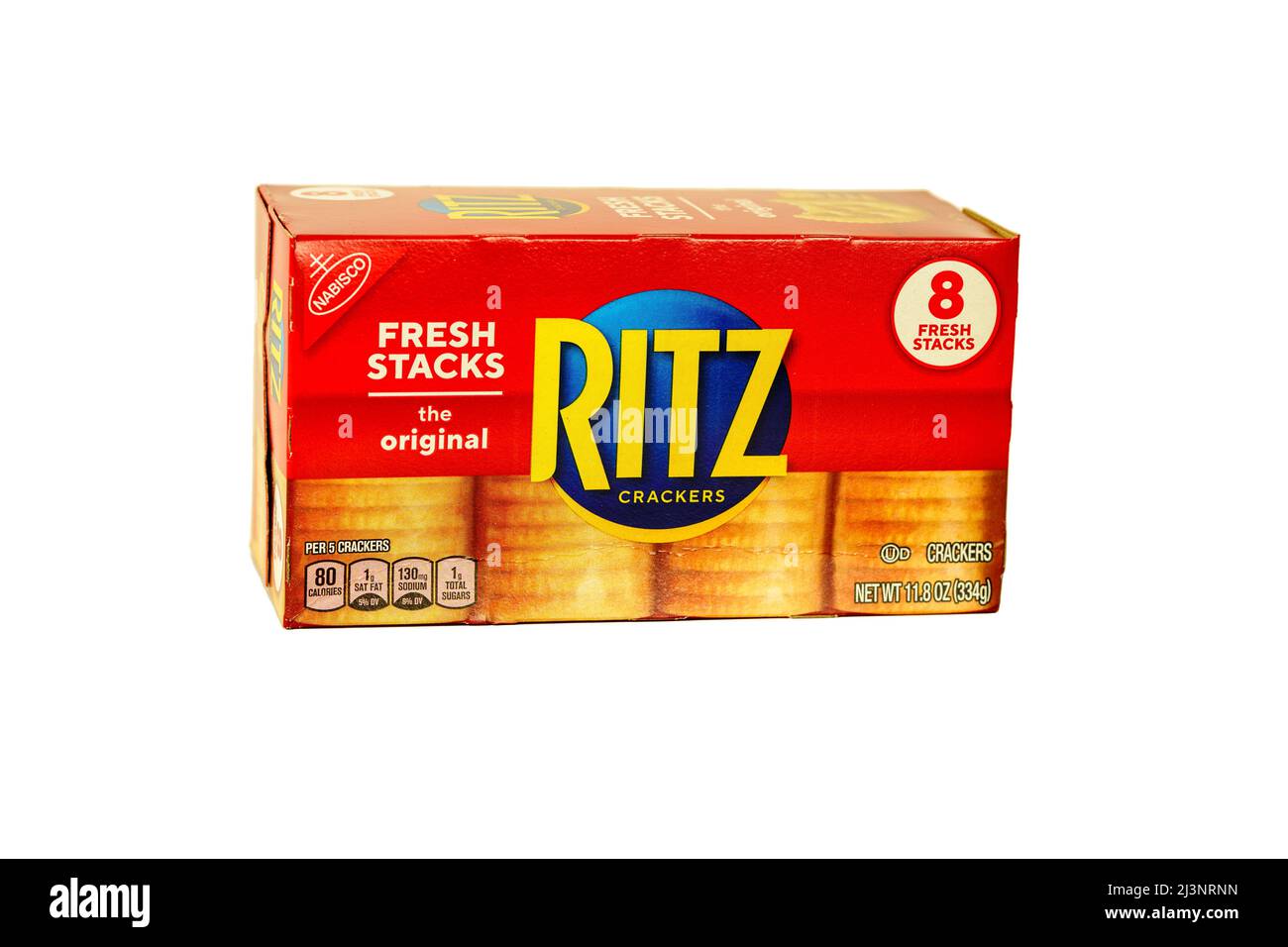 Lancaster County, PA, USA - 7 aprile 2022: Una scatola di cracker Ritz marchio Nabisco. Foto Stock