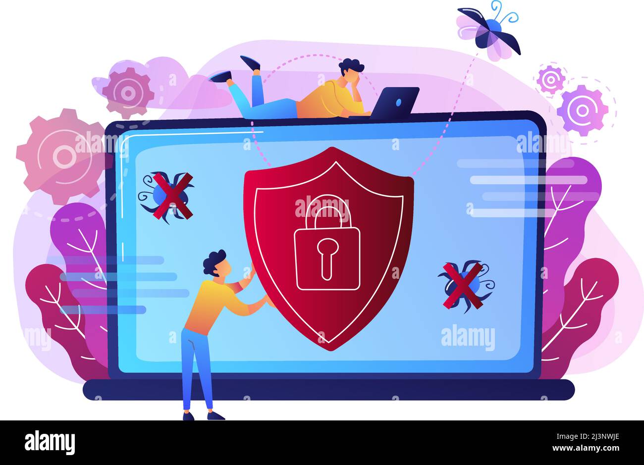 Un uomo prima del computer portatile con schermo e blocco sullo schermo. Software antivirus, anti-malware, spyware, trojan, adware come concetto di sicurezza Internet. Viole Illustrazione Vettoriale