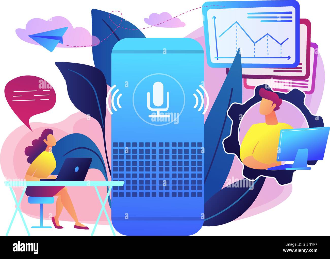 Altoparlante intelligente utilizzato dai lavoratori in ufficio. Controller per ufficio intelligente e comandi vocali, dispositivi digitali per ufficio con controllo vocale e Internet of Things Illustrazione Vettoriale