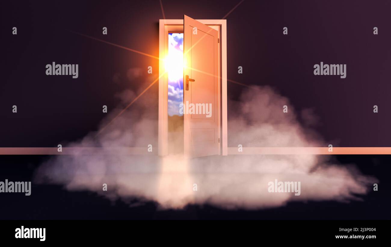 una porta misteriosa nebbia con la libertà di pace dietro di essa(3d rendering) Foto Stock