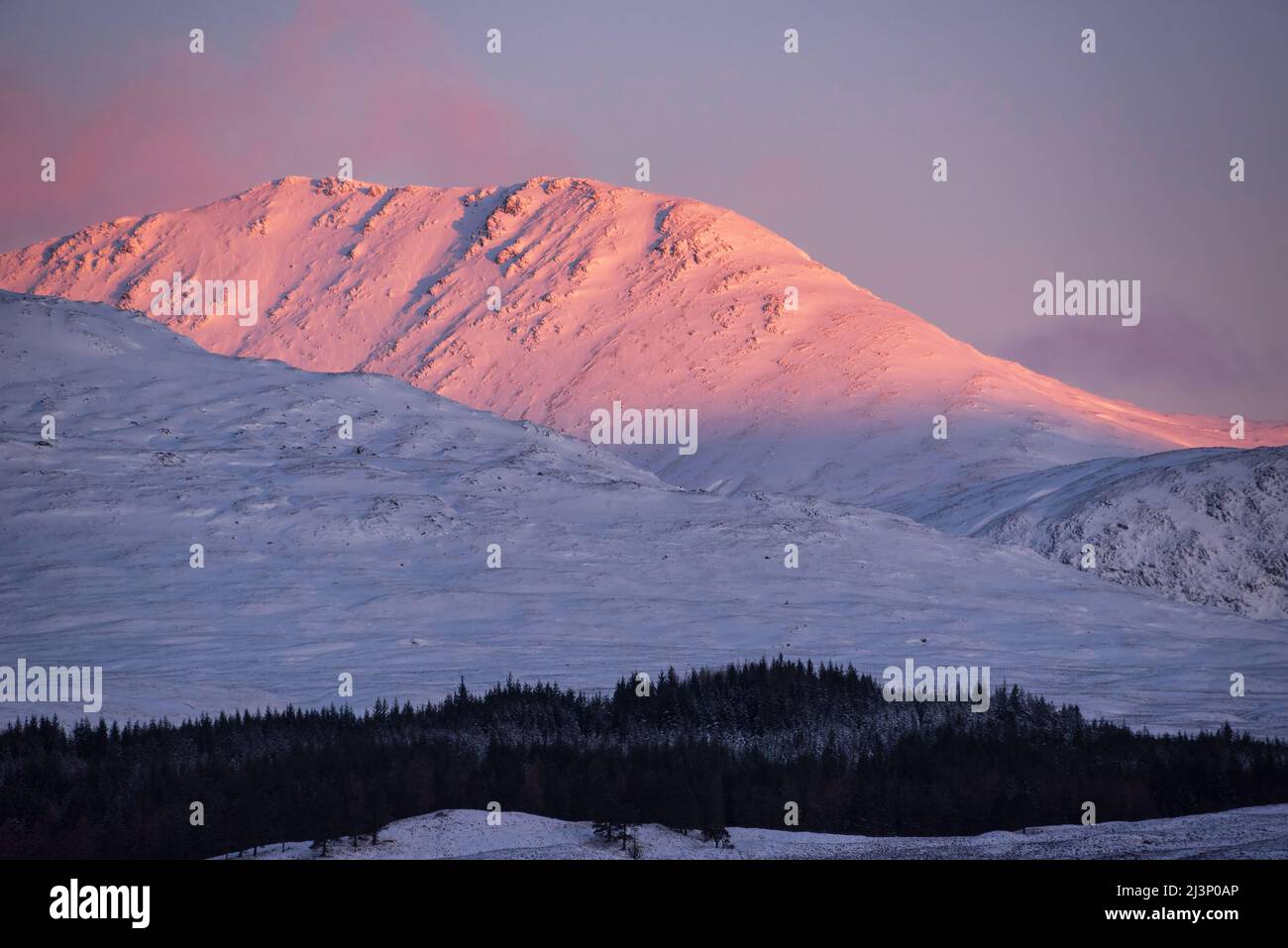 Il bellissimo Alpen Glow colpisce le vette delle Highlands scozzesi durante l'alba mozzafiato del paesaggio invernale Foto Stock