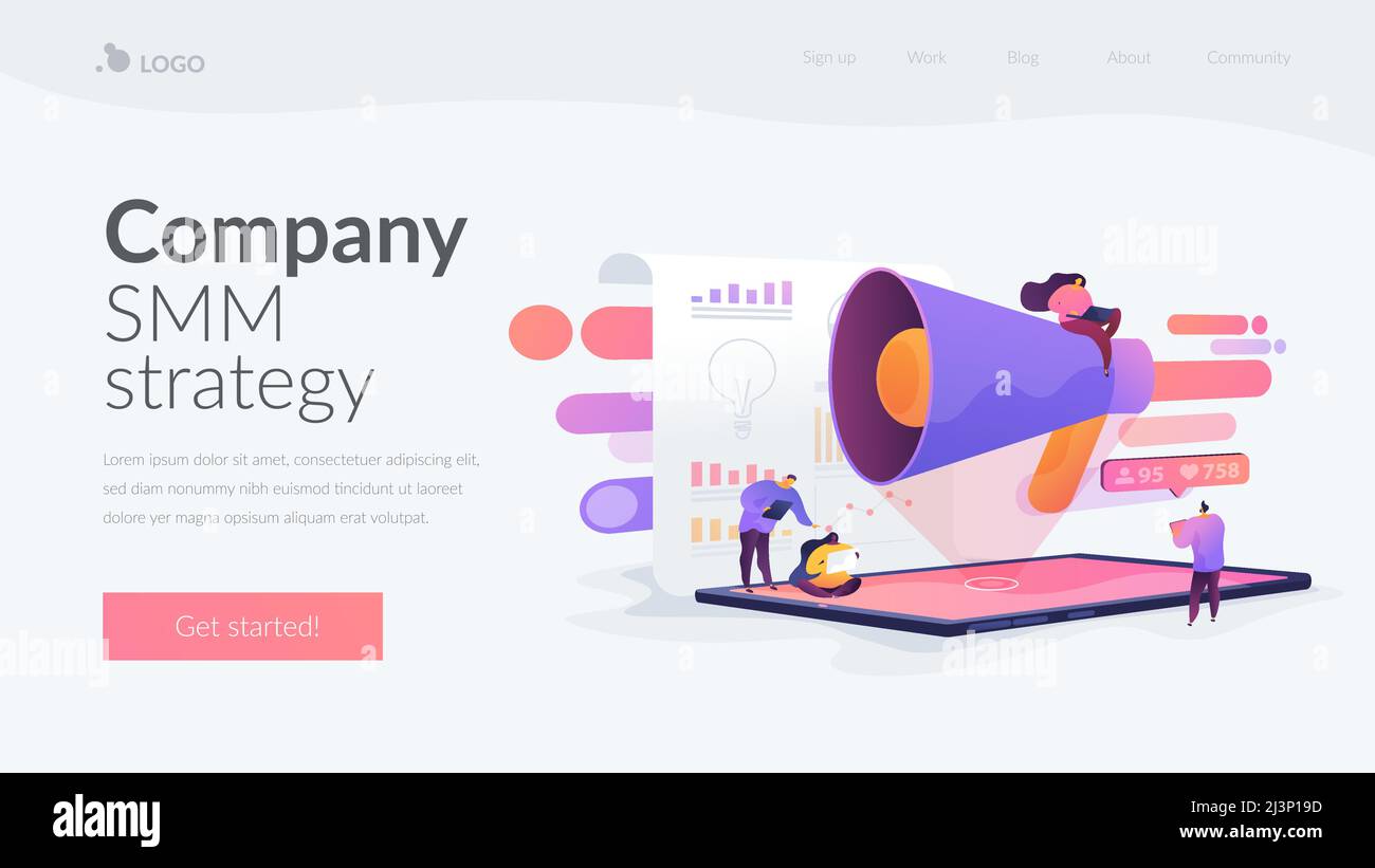 Gestione dei social media, strategia SMM aziendale, concetto di strumento di marketing digitale. Pagina Web di destinazione dell'intestazione della homepage del sito Web. Illustrazione Vettoriale