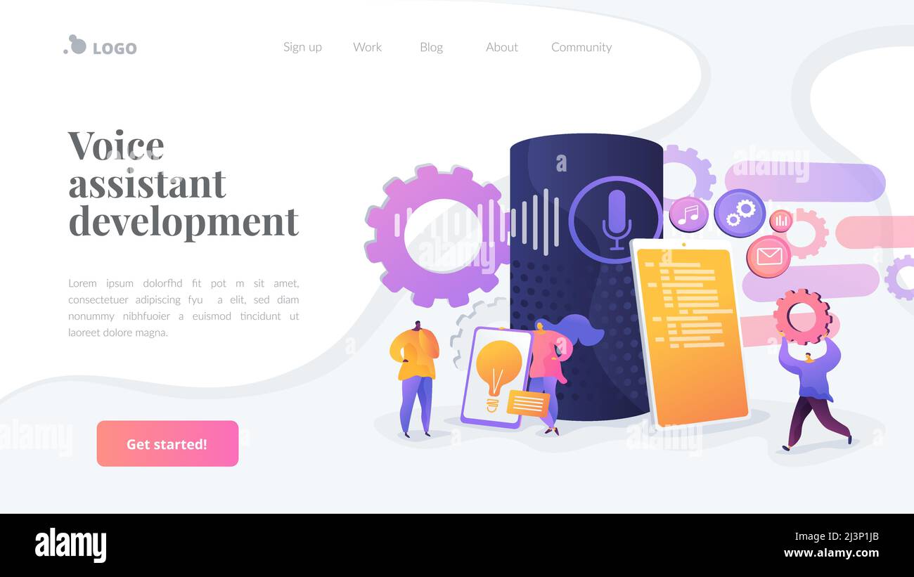 Applicazioni smart Assistant, piattaforma di applicazioni vocali, concetto di sviluppo di assistenti vocali. Pagina Web di destinazione dell'intestazione della homepage del sito Web. Illustrazione Vettoriale