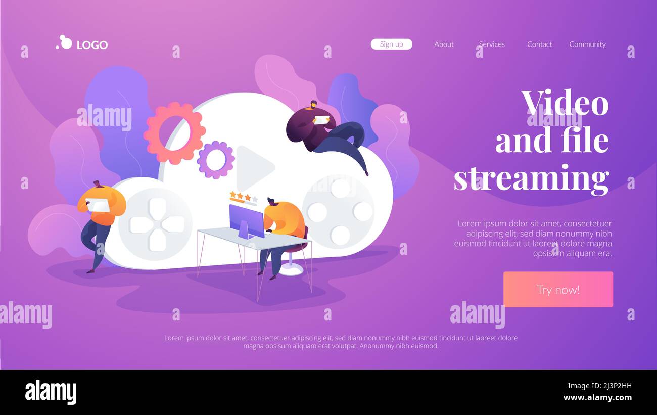 Gaming su cloud e gaming on demand, streaming di video e file, concetto di gaming su vari dispositivi. Pagina Web di destinazione dell'intestazione della homepage del sito Web. Illustrazione Vettoriale