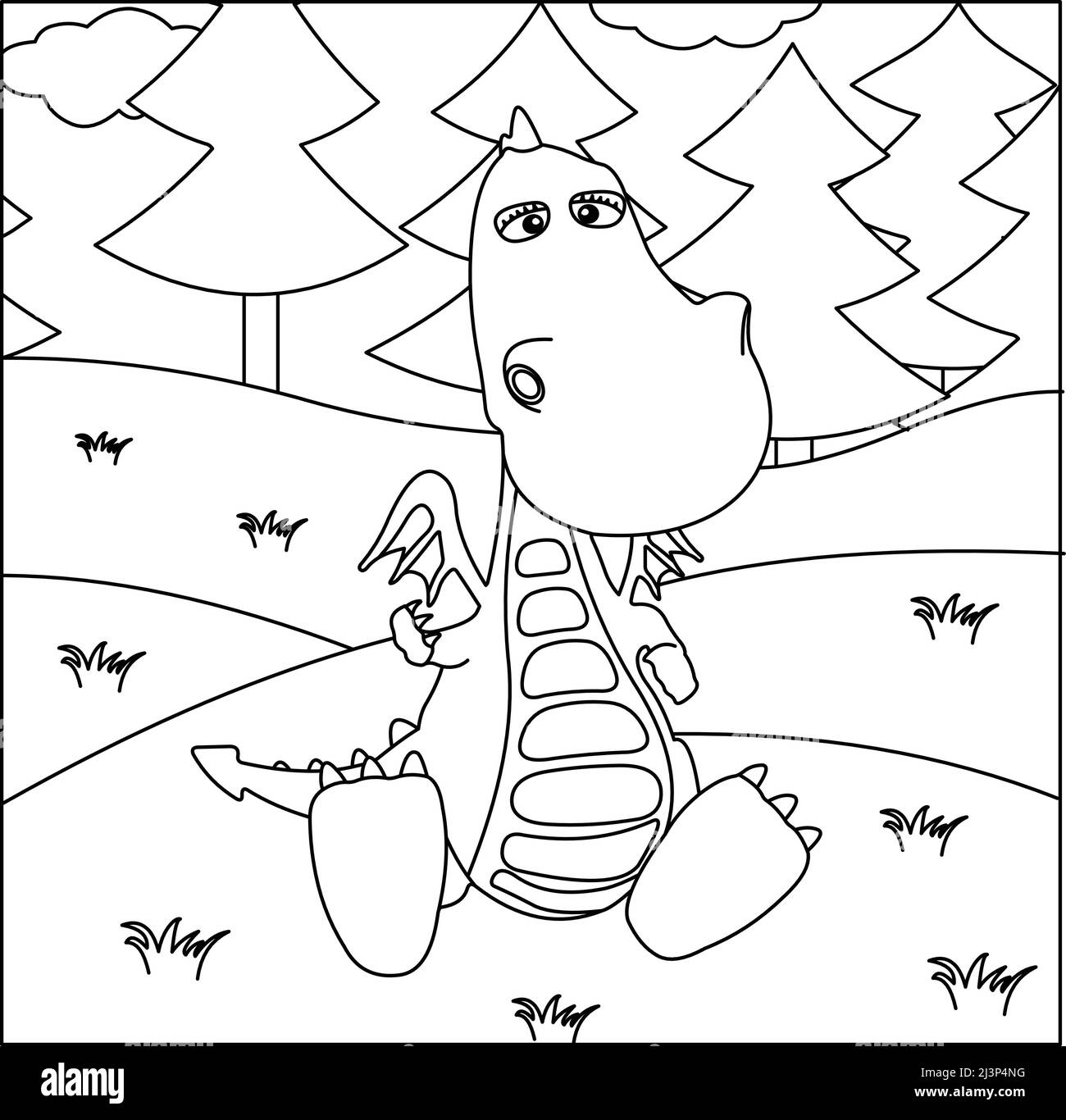 (Dragon Coloring Page: 2) Drago carino con natura, erba verde, alberi sullo sfondo, vettore nero e bianco pagina di colorazione. Illustrazione Vettoriale