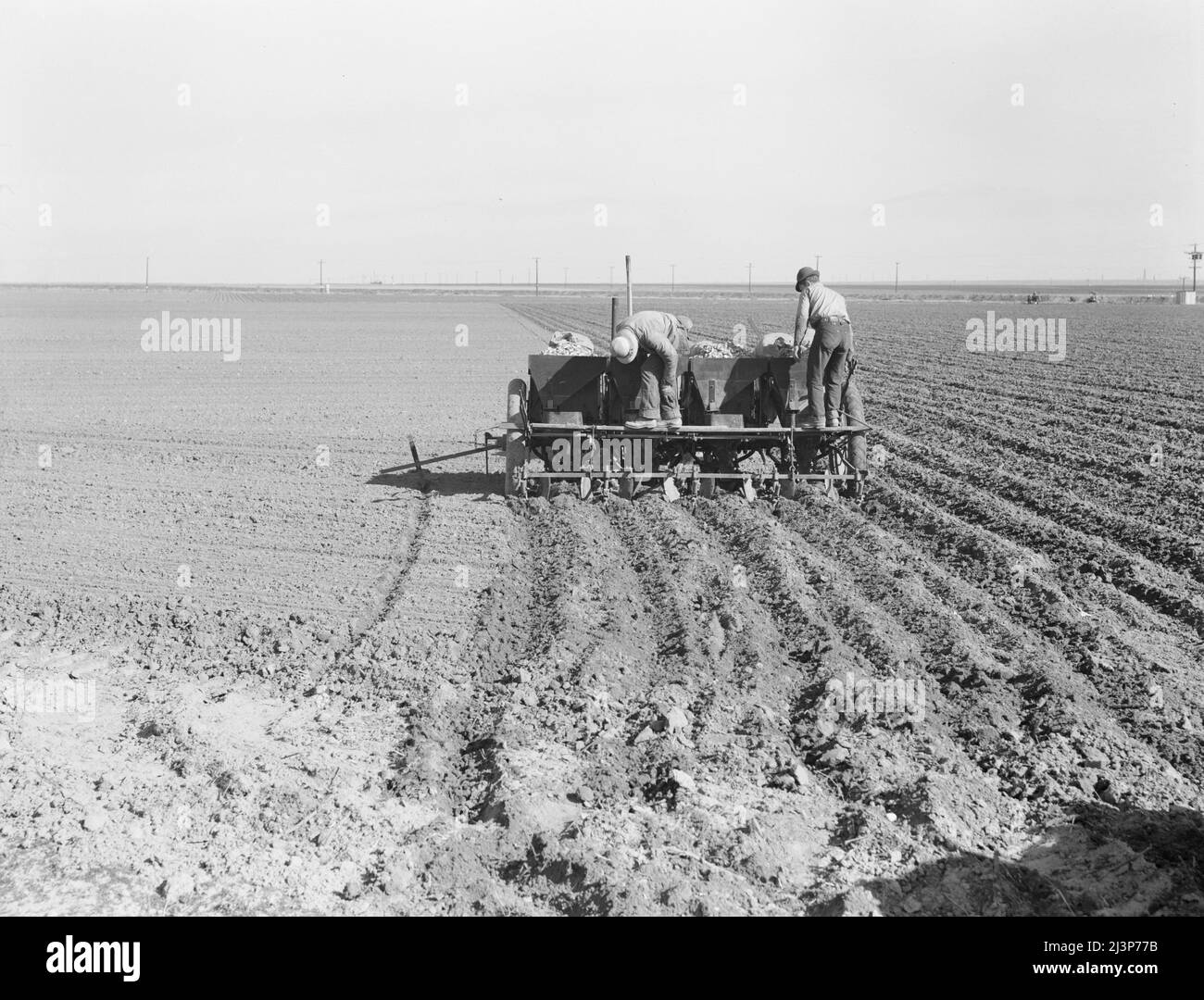 Agricoltura meccanizzata su larga scala. La piantatrice di patate, gestita da un equipaggio di tre uomini, fa le file, fertilizza e pianta le patate in un'unica operazione. Kern County, California. Foto Stock