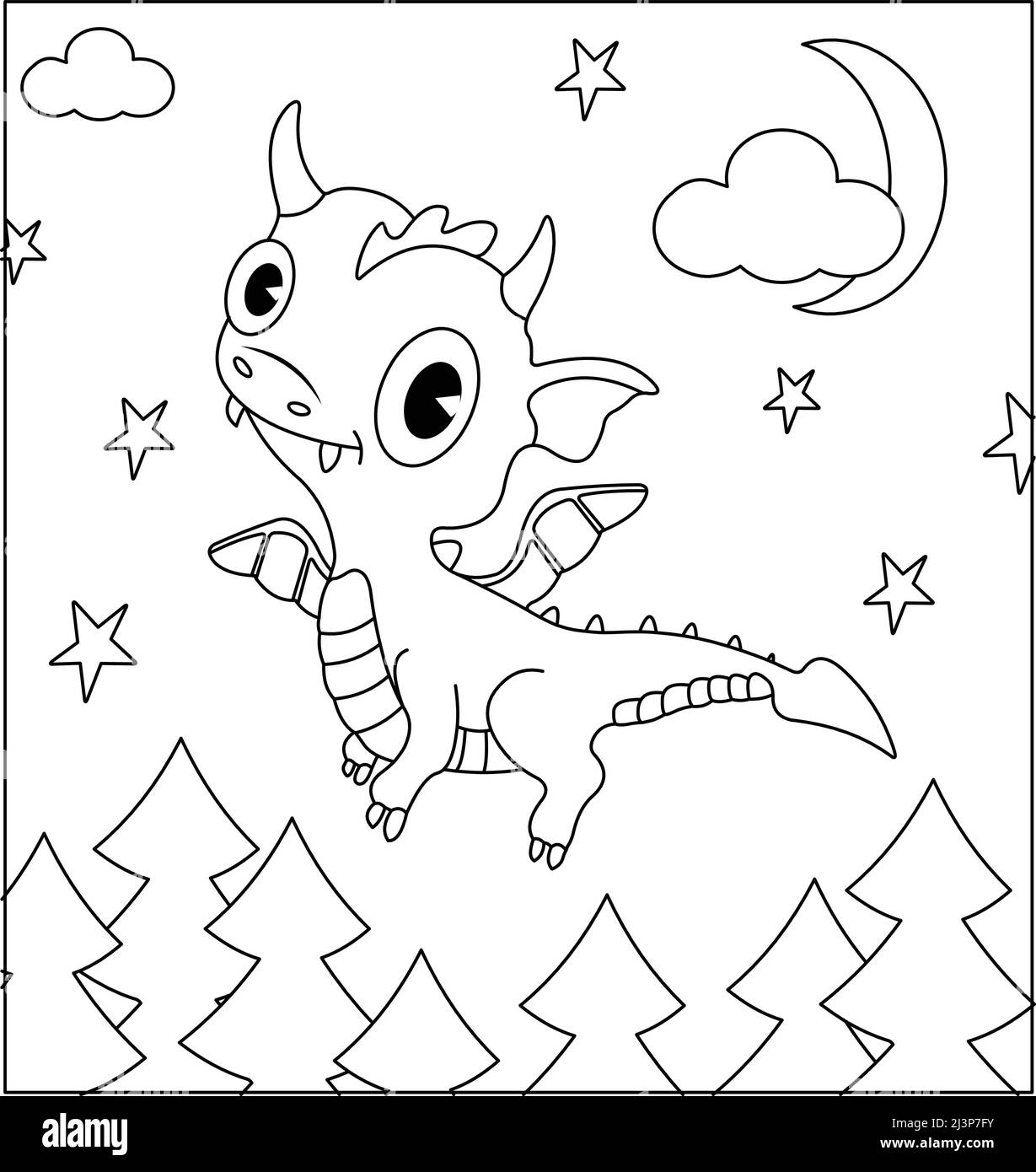 (Dragon Coloring Page: 21) Drago carino con natura, erba verde, alberi sullo sfondo, vettore nero e bianco pagina di colorazione. Illustrazione Vettoriale