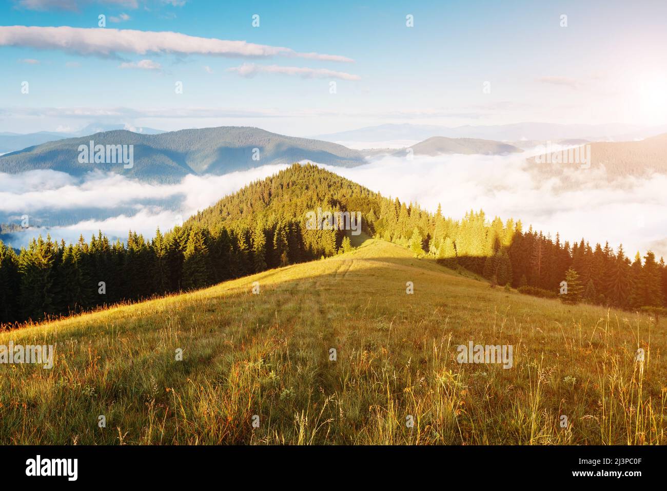 Una magnifica vista delle colline incandescente dalla luce del sole al tramonto. Drammatica e pittoresca scena di mattina. Location posizione: dei Carpazi parco nazionale, Ucraina, Foto Stock