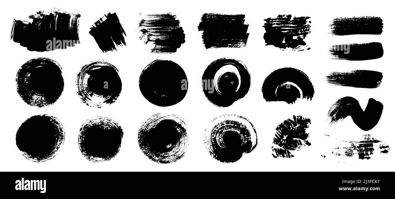 Set di pennelli. Varie forme rotonde e linee di segni di pennello nero grassetto con texture asciutta. Colpo di pennello disegnato a mano vettorizzato e isolato su bianco Illustrazione Vettoriale