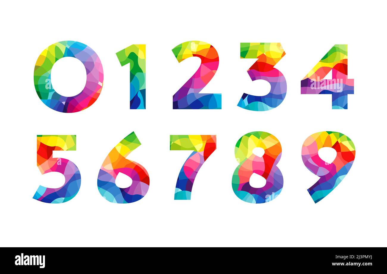 Set di numeri colorati. Cifre colorate creative e decotative. Modello grafico astratto isolato. In stile vetrata. Verde, rosso, rosa e blu Illustrazione Vettoriale