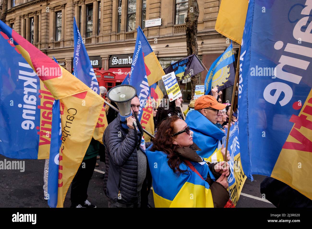 Londra, Regno Unito 9th aprile 2022. I sindacati britannici si radunano in solidarietà con l’Ucraina. Foto Stock