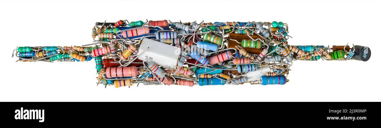 Simbolo dello schema elettronico del resistore isolato su sfondo bianco. Pittogramma colorato per lo schema di circuito comune. Resistori di varie dimensioni e tipi. Foto Stock