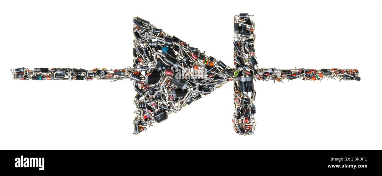 Simbolo elettronico comune di diodo semiconduttore isolato su sfondo bianco. Pittogramma grafico dello schema elettrico. Vari diodi. Foto Stock