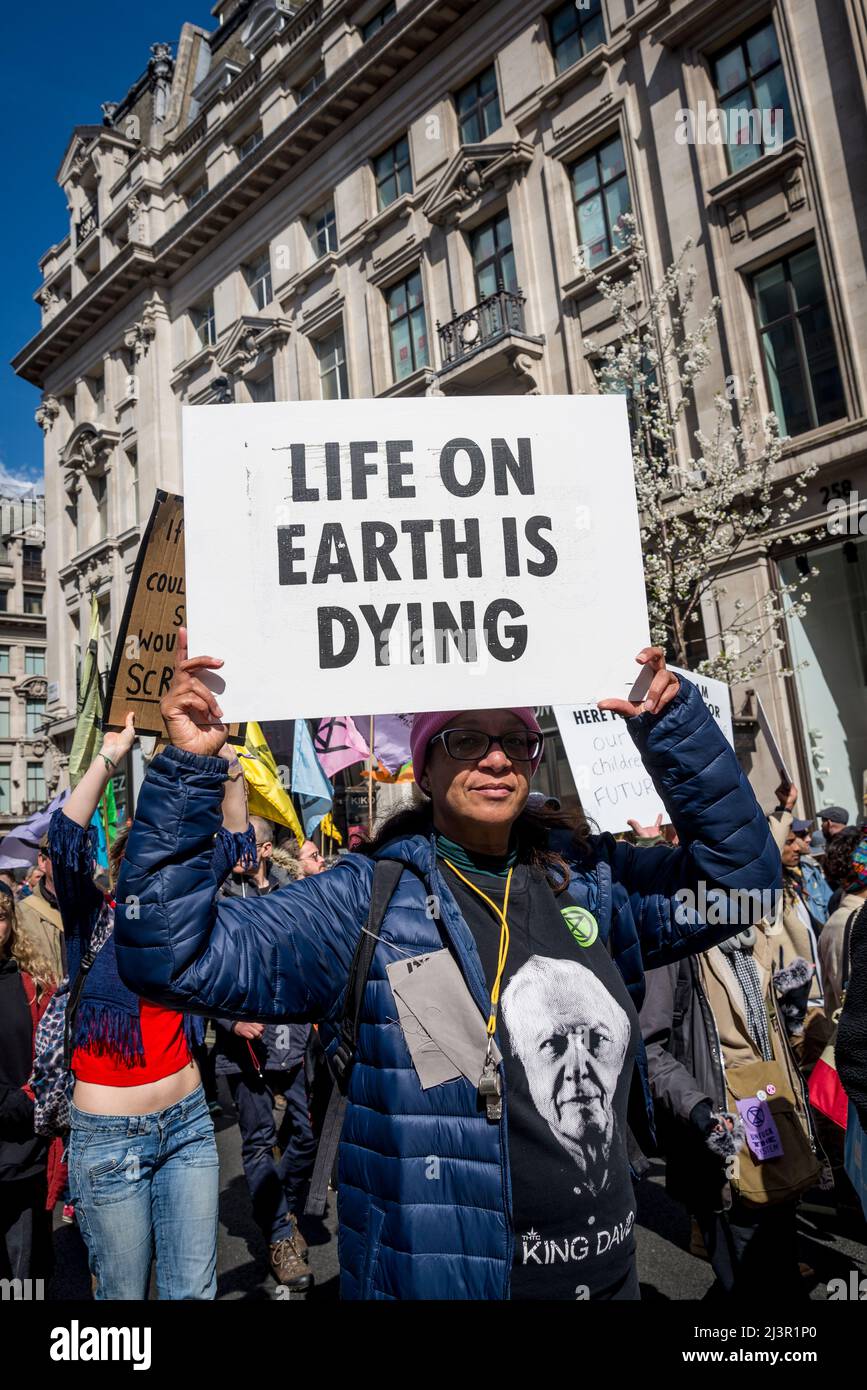 La vita sulla Terra sta morendo, non saremo spettatori, una protesta della ribellione dell'estinzione che combatte per la giustizia climatica, nel centro di Londra, 09.04.2022, Londra, Inghilterra, REGNO UNITO Foto Stock