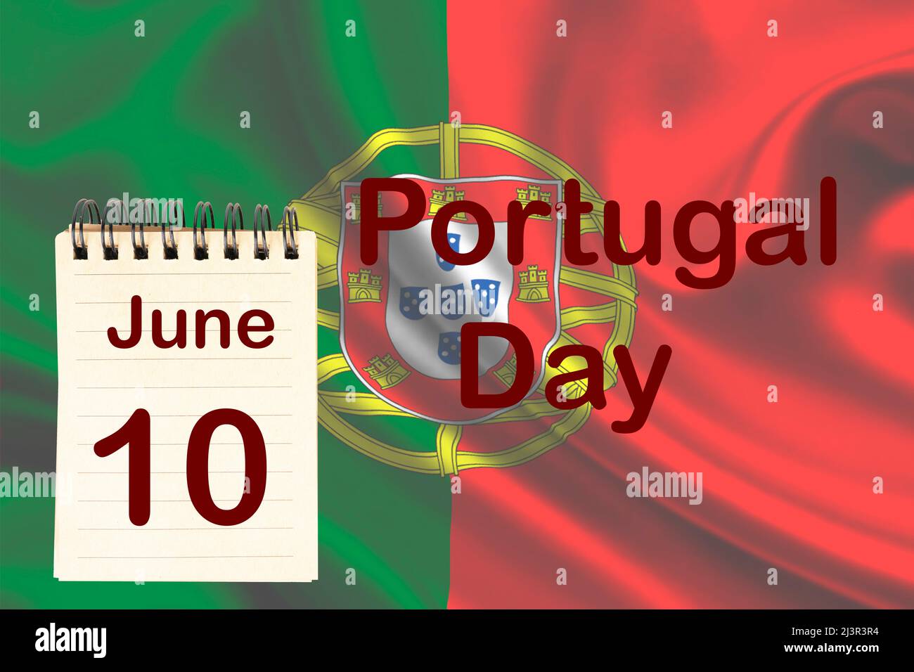 La celebrazione della Giornata del Portogallo con la bandiera e il calendario che indica il 10 giugno Foto Stock