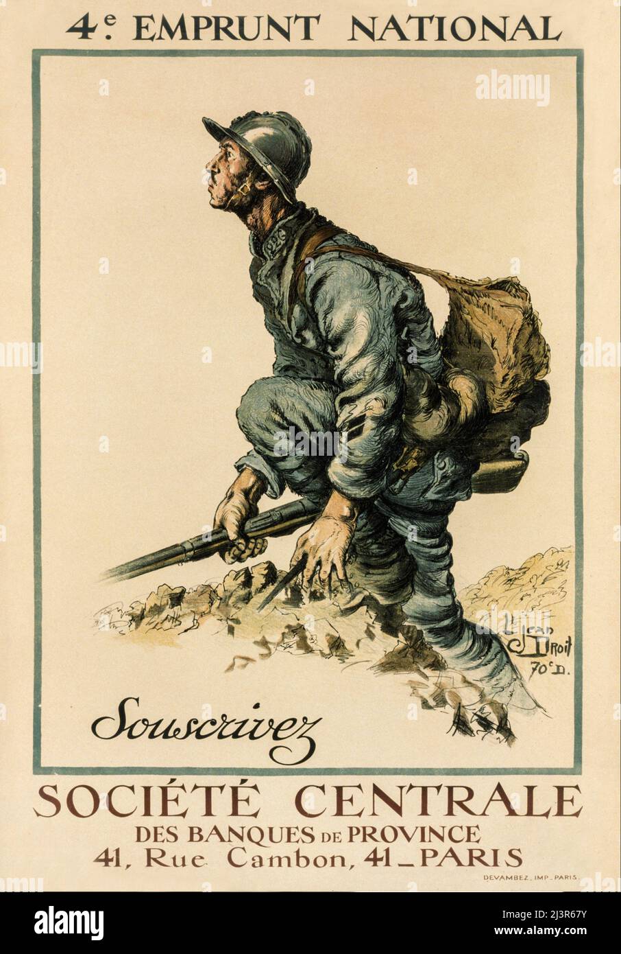 Un poster pubblicitario francese dei primi 20th anni della prima guerra mondiale, 1914-1918, che mostra un soldato francese che esce da una trincea in prima linea. L'artista era Jean Droitt (1884-1961) Foto Stock