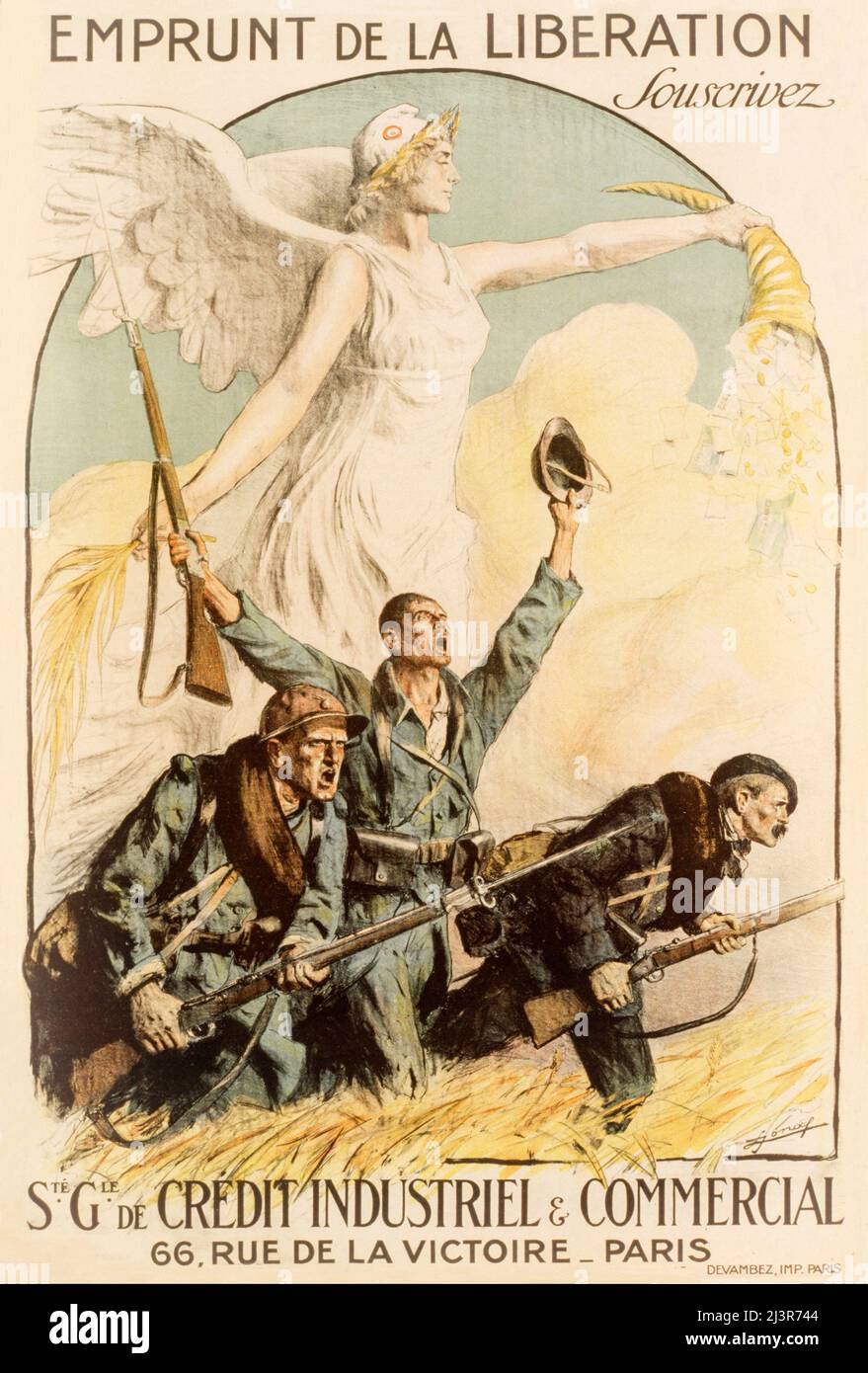Un poster pubblicitario francese del primo secolo del 20th, della prima guerra mondiale, 1914-1918, che mostra tre soldati - francese, americano e italiano - che si caricano in battaglia. Una figura alata di Marianne (la personificazione nazionale della Repubblica francese) è sopra di loro versando monete e carta denaro da una cornucopia. L'artista è Lucien Jonas (1880-1947) Foto Stock