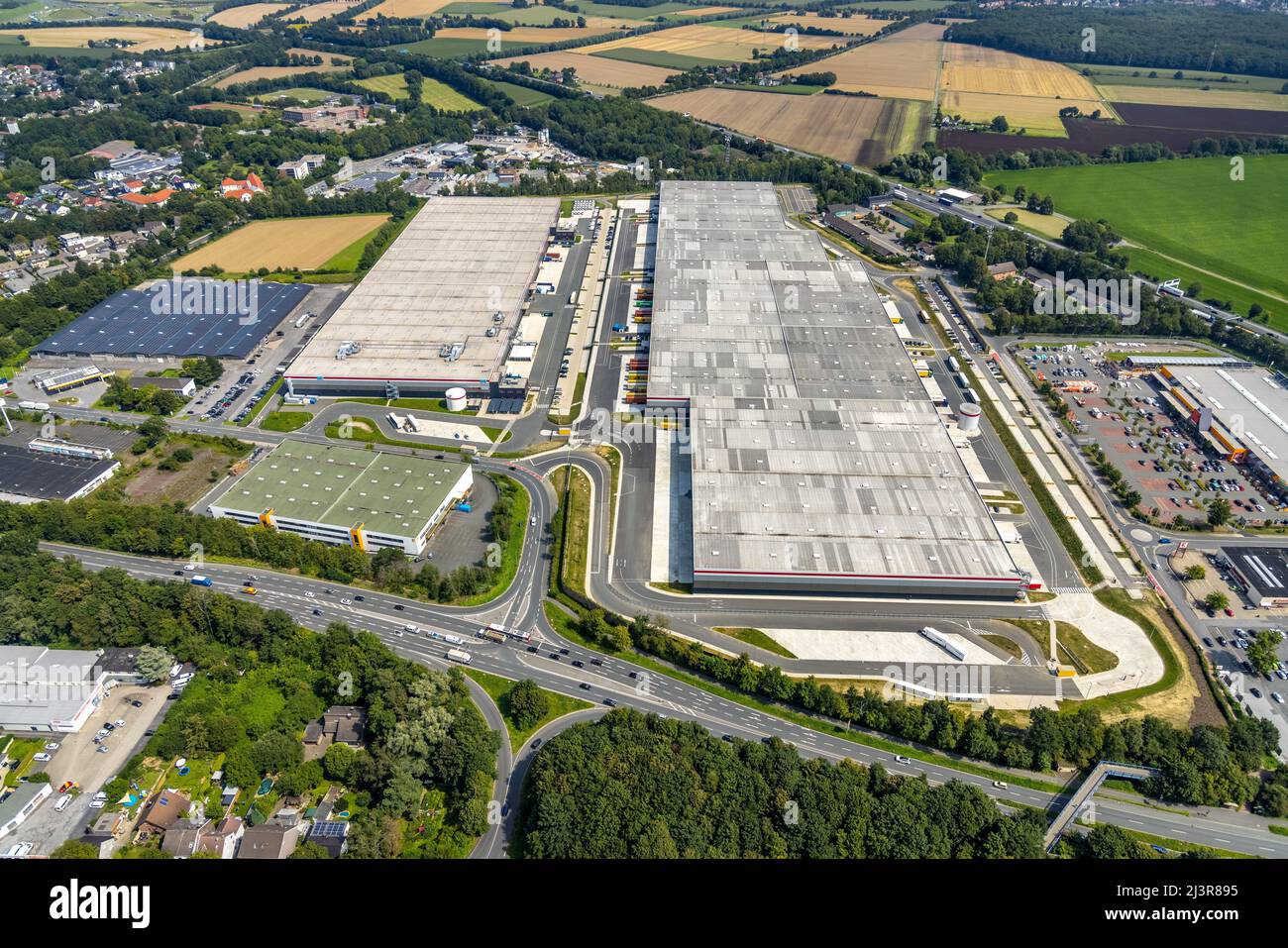 Vista aerea, tenuta industriale Unna / Kamen con P3 Kamen, Kamen, regione della Ruhr, Renania settentrionale-Vestfalia, Germania, Luftbild, Gewerbegebiet Foto Stock