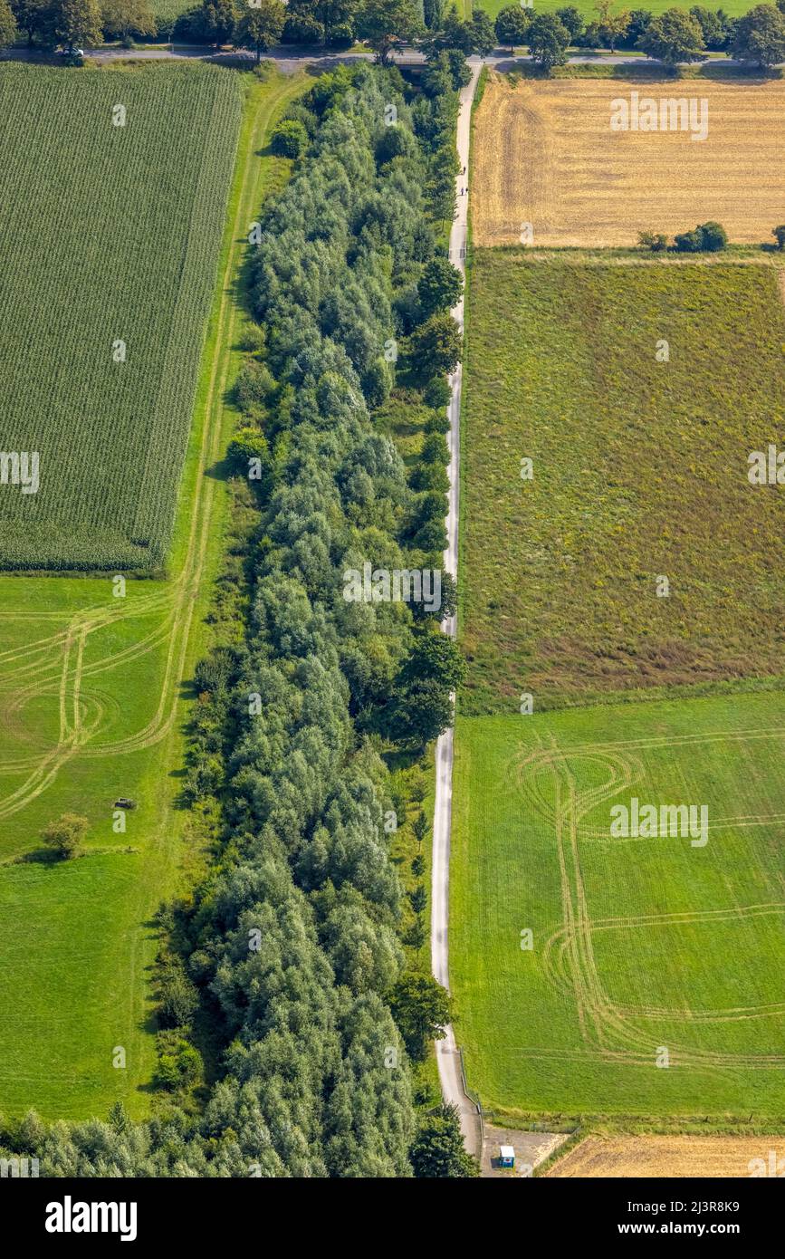 Vista aerea, sentiero pedonale e ciclabile Seseke-Weg sul fiume Seseke nel distretto Heeren-Werve, Kamen, Ruhr, Renania settentrionale-Vestfalia, Germania, Luftb Foto Stock