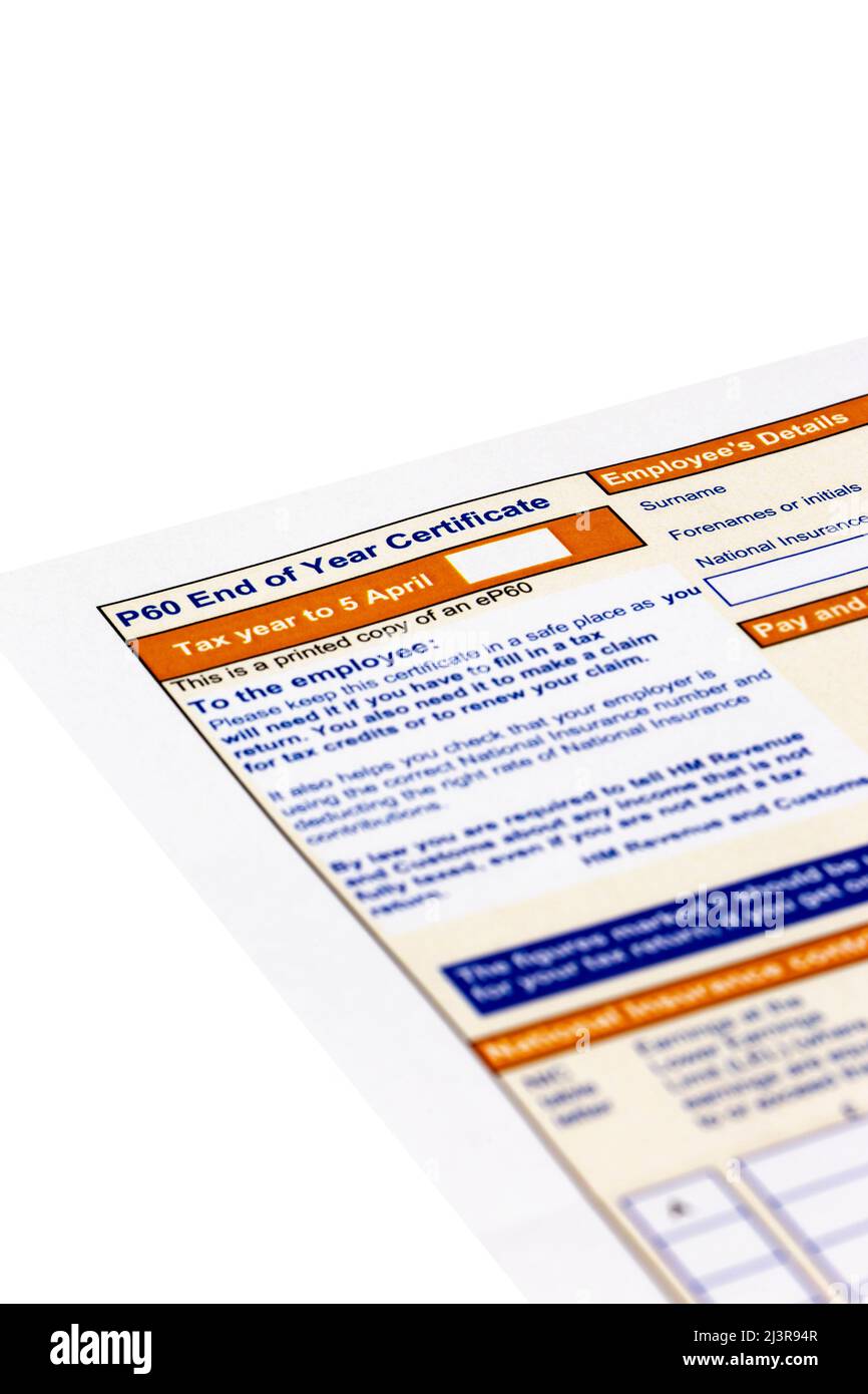 P60 certificato di fine anno rilasciato da HMRC nel Regno Unito. Modulo IVA vuoto Foto Stock