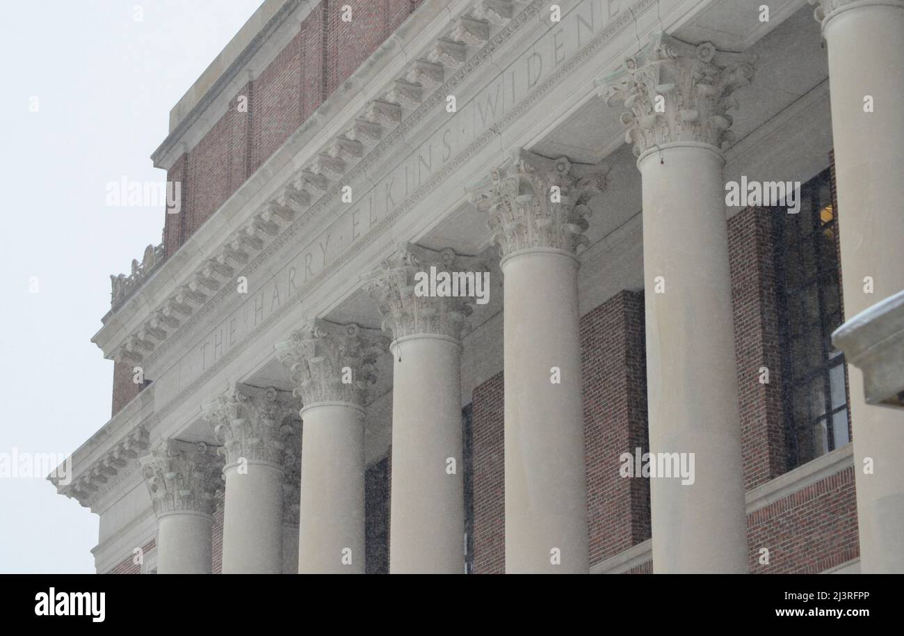 Scenario invernale innevato dal campus dell'Università di Harvard a Cambridge, Massachusetts, con edifici architettonici storici durante una tempesta di neve invernale. Foto Stock