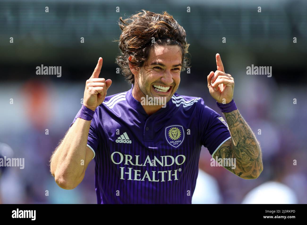 9 aprile 2022: Orlando City Forward ALEXANDRE PATO (7) festeggia dopo che un gol è stato segnato durante la partita di calcio MLS Orlando City vs Chicago Fire all'Explororia Stadium di Orlando, FL il 9 aprile 2022. (Credit Image: © Cory Knowlton/ZUMA Press Wire) Foto Stock