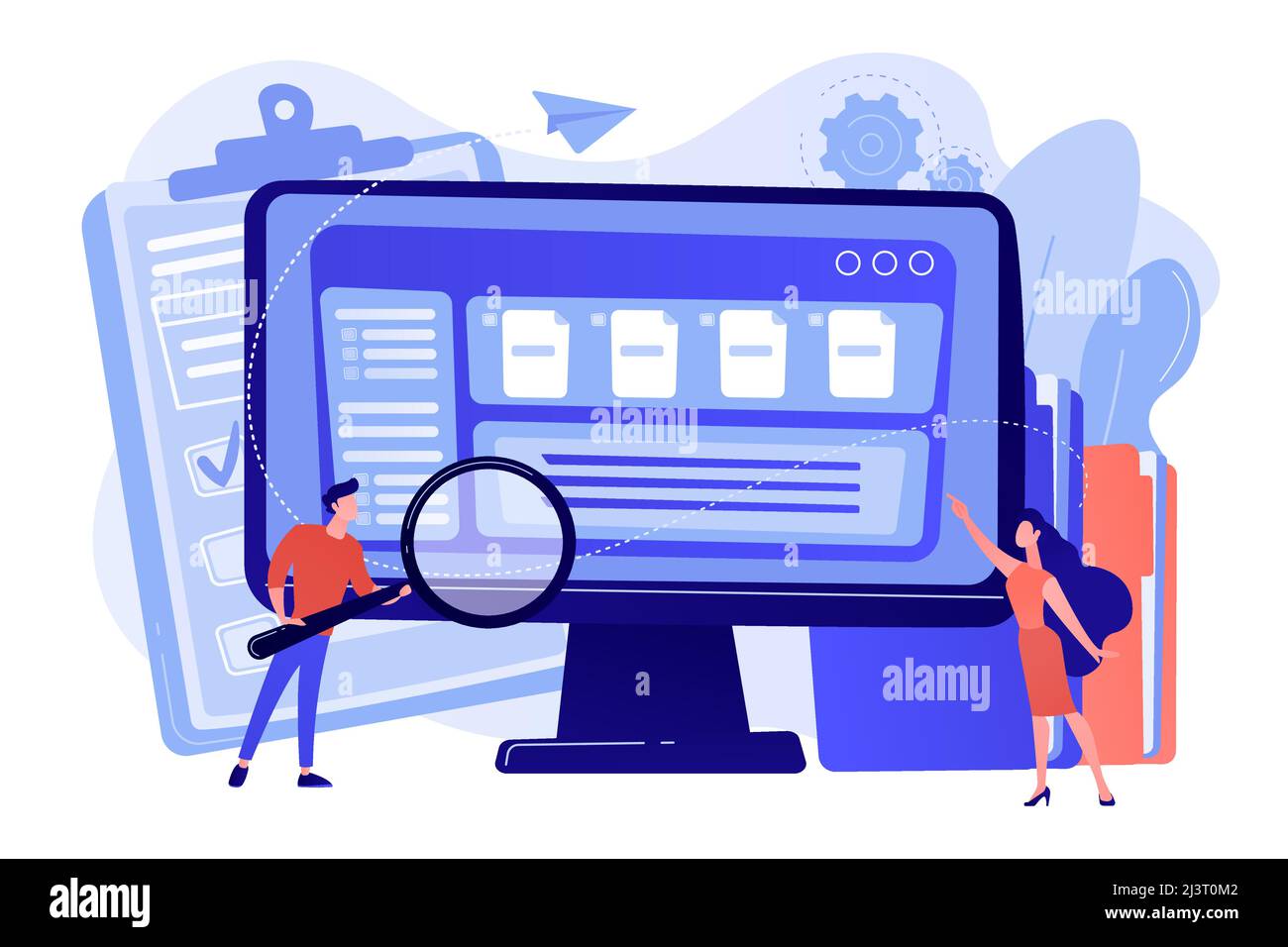 Le piccole aziende con lente di ingrandimento lavorano con la gestione dei documenti sul computer. Software di gestione dei documenti, applicazione per il flusso dei documenti, concetto di documenti composti. Perno Illustrazione Vettoriale