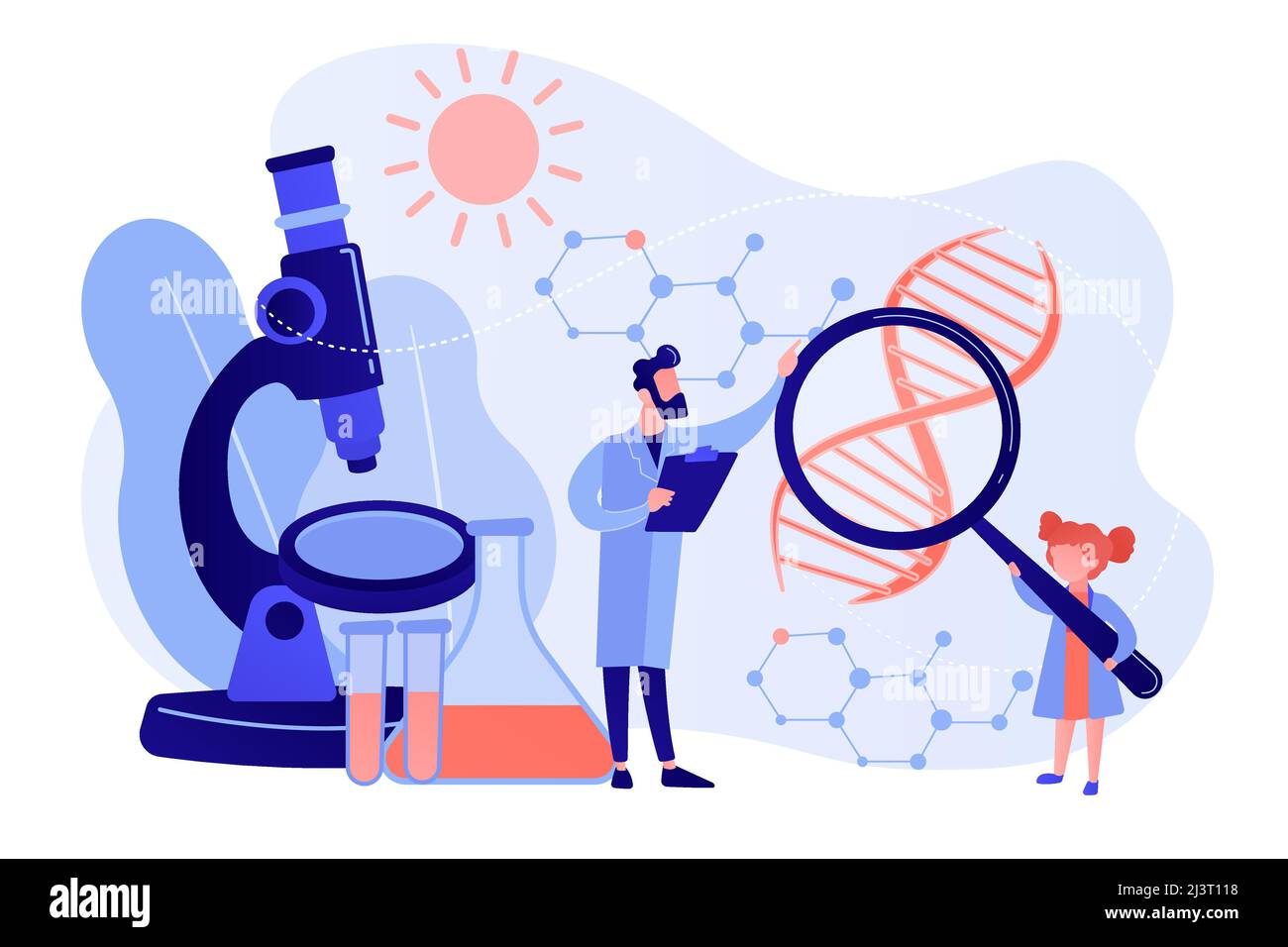 Una ragazza con lente di ingrandimento e scienziato effettuano un esperimento, persone minuscoli. Campo di scienza per bambini, lezioni di giovani scienziati, concetto di test di laboratorio per bambini. Illustrazione Vettoriale