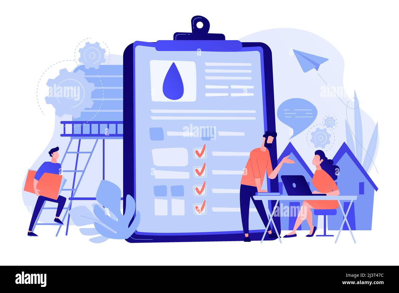 Persone vicino a un'enorme tavoletta di carta con report del flusso d'acqua e caselle di controllo per l'analisi dei dati. Gestione delle acque, ecologia, IoT e concetto di città intelligente. Vettore i Illustrazione Vettoriale