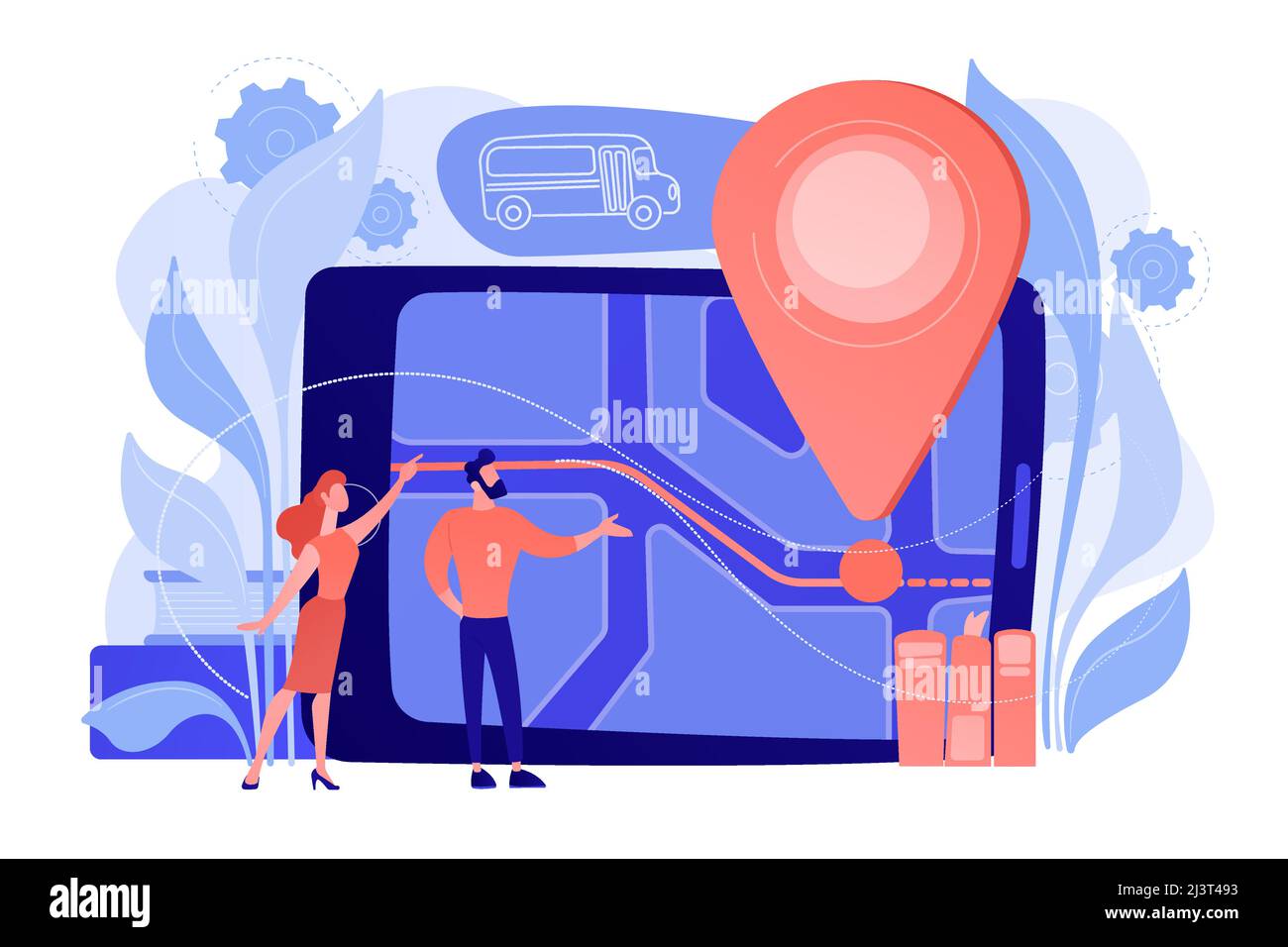 I genitori che guardano il pin e la mappa della posizione degli autobus scolastici sul tablet. Sistema di monitoraggio dei bambini, percorso degli autobus scolastici, sicurezza dei bambini, concetto di sicurezza dei genitori Illustrazione Vettoriale