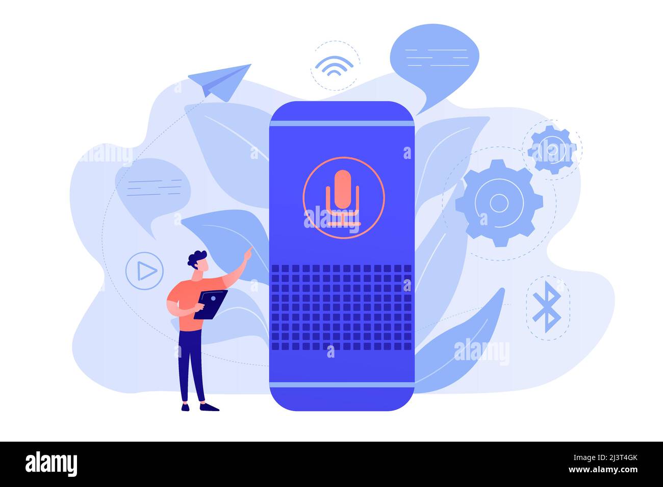 Utente con altoparlante intelligente a comando vocale o assistente vocale. Assistenti digitali ad attivazione vocale, hub di automazione domestica, concetto Internet of Things. Vect Illustrazione Vettoriale