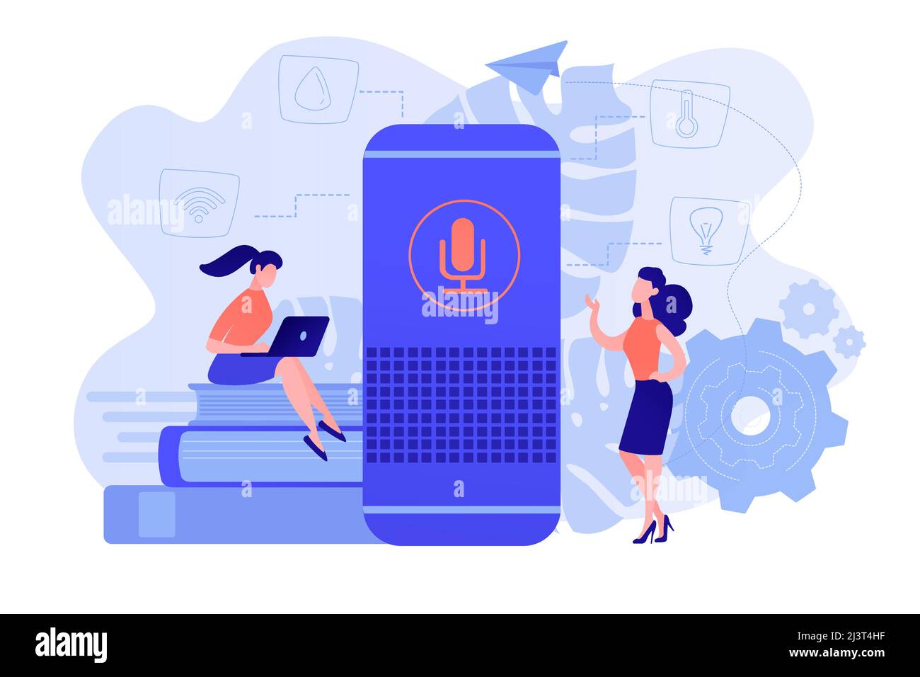 Due utenti di sesso femminile e assistente domestico intelligente. Hub di controllo principale per l'ufficio domestico intelligente. Tecnologia IoT, concetto di casa di monitoraggio con assistente a controllo vocale Illustrazione Vettoriale